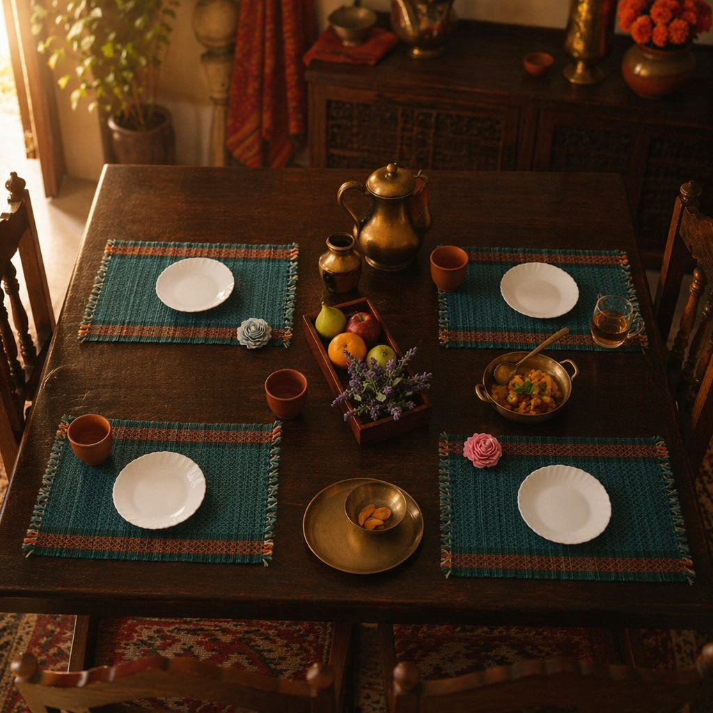 Teal Handwoven Grass Table Mat, The Gathered Table. Handmade in India by House of Taraasha.