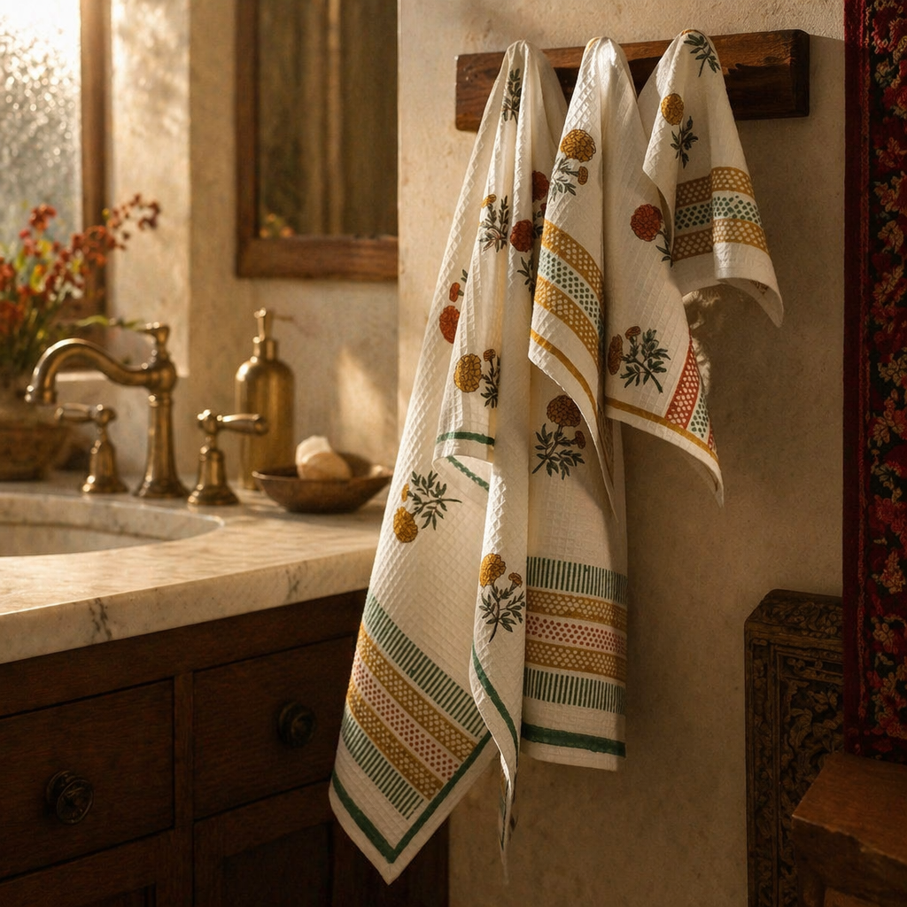 Marigold Hand Block-Printed Waffle Cotton Towel Set, The Linen Room. Handmade in India by House of Taraasha.