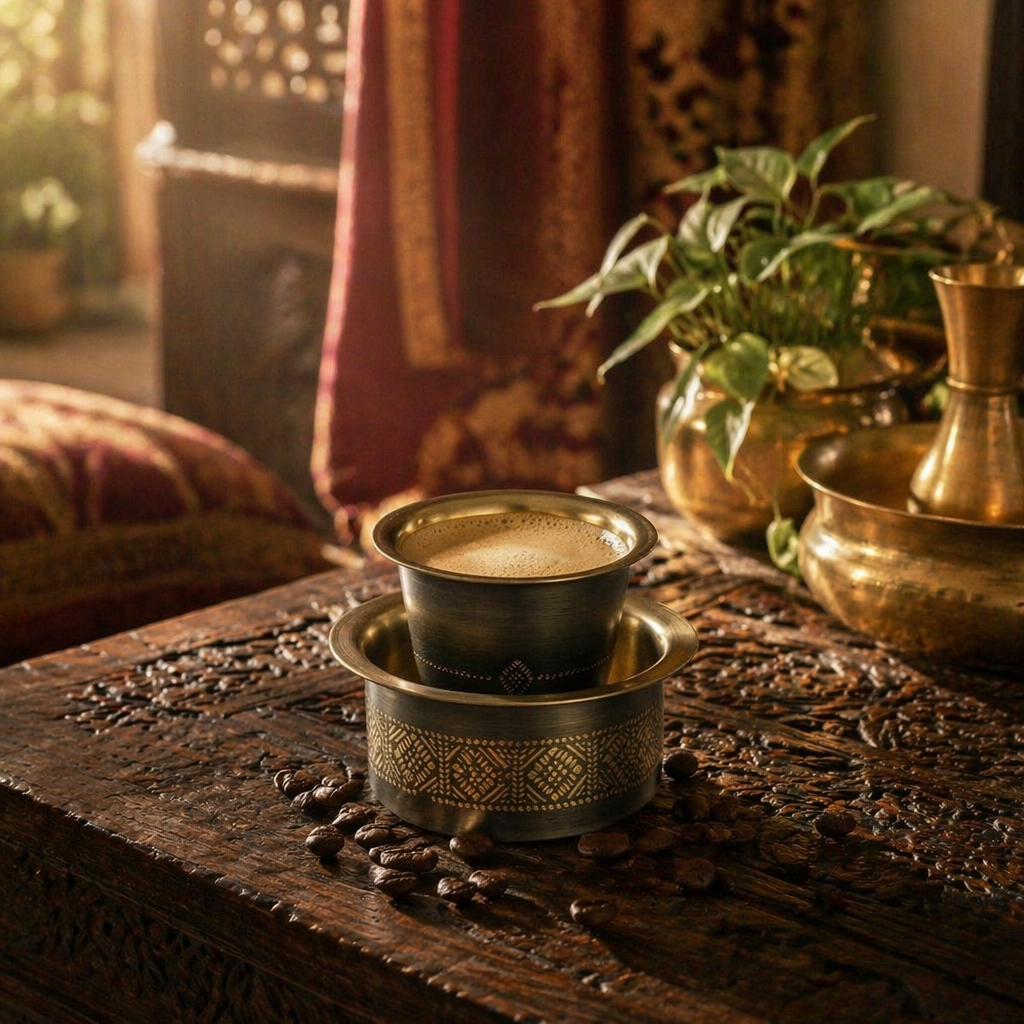 Kanjeevaram Antique Brass Filter Coffee Dabara Set, The Brass Atelier. Handmade in India by House of Taraasha.
