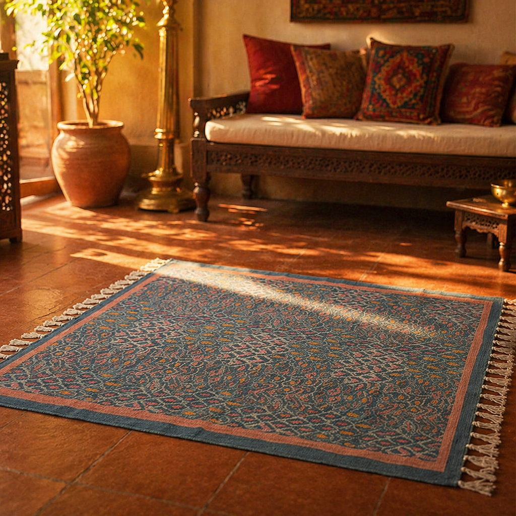 Vintage Chintz Hand Block-Printed Coral Floral Rug, The Woven Floor. Handmade in India by House of Taraasha.