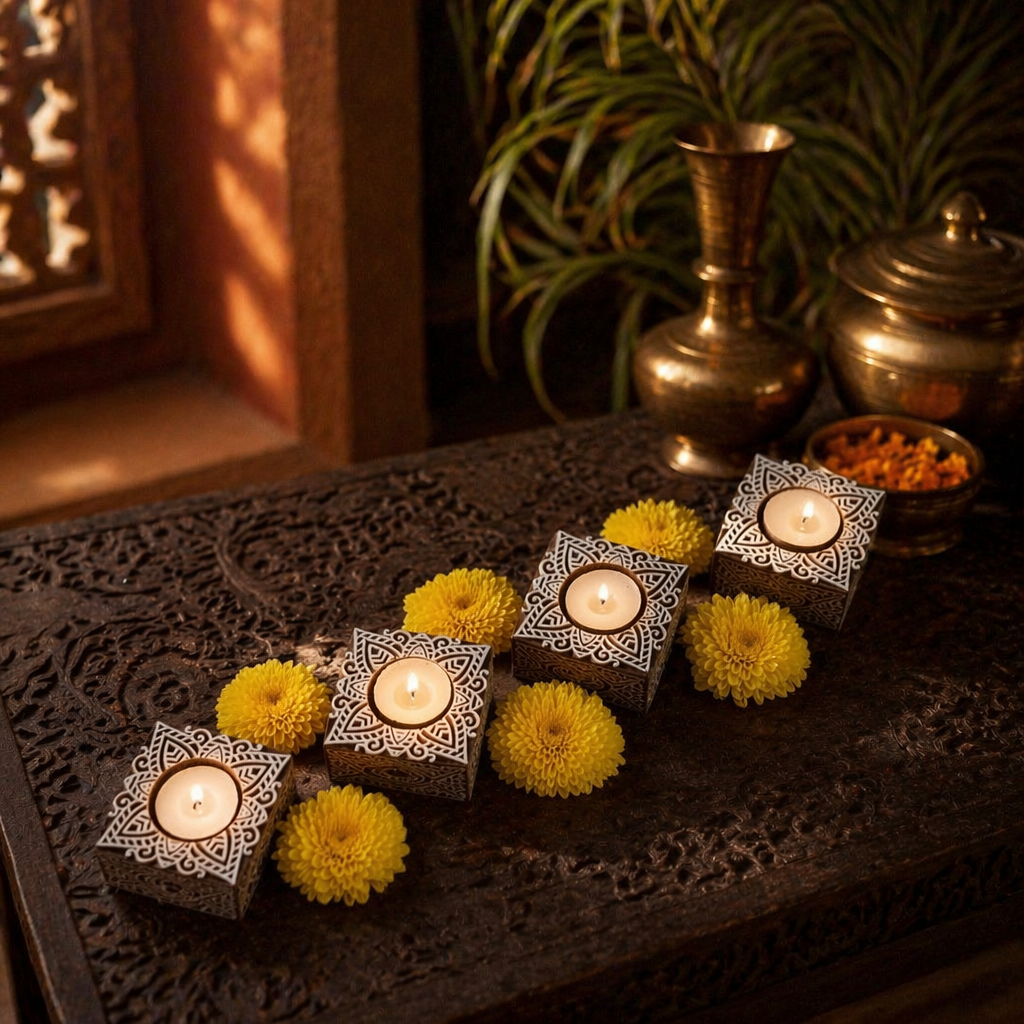 Carved Diya Hand-Engraved Wooden Tea Lights, Still Light. Handmade in India by House of Taraasha.