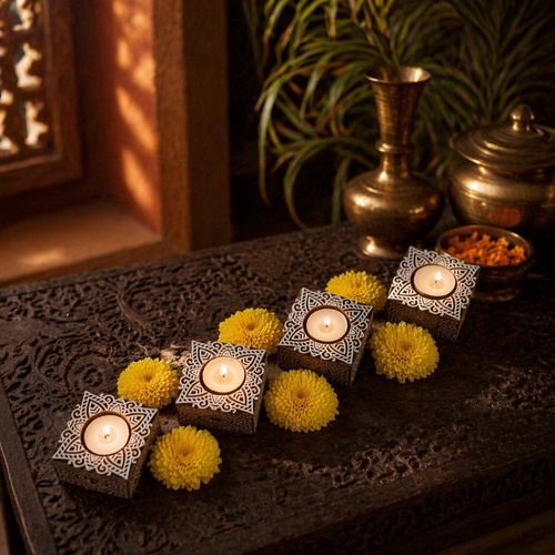 Carved Diya Hand-Engraved Wooden Tea Lights, Still Light. Handmade in India by House of Taraasha.