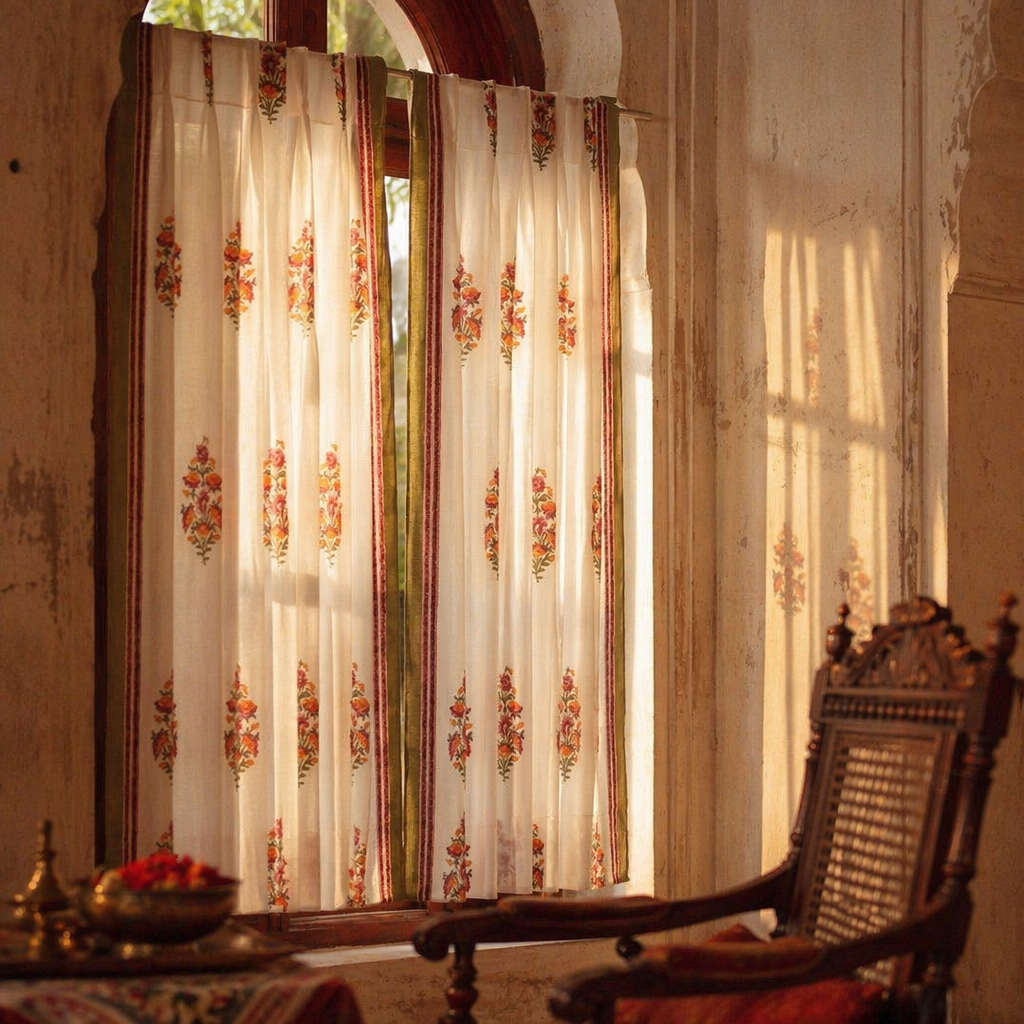 Floral Block-Print Sheer Pure Cotton Window Curtain, The Draped Window. Handmade in India by House of Taraasha.