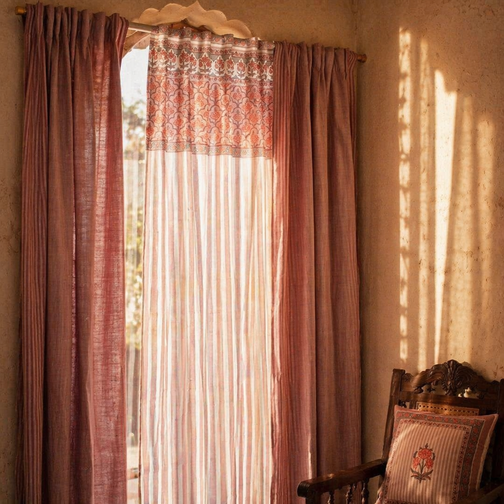 Royal Courtyards Dusty Pink & Off-White Woven-Printed Set of Three, The Draped Window. Handmade in India by House of Taraasha.