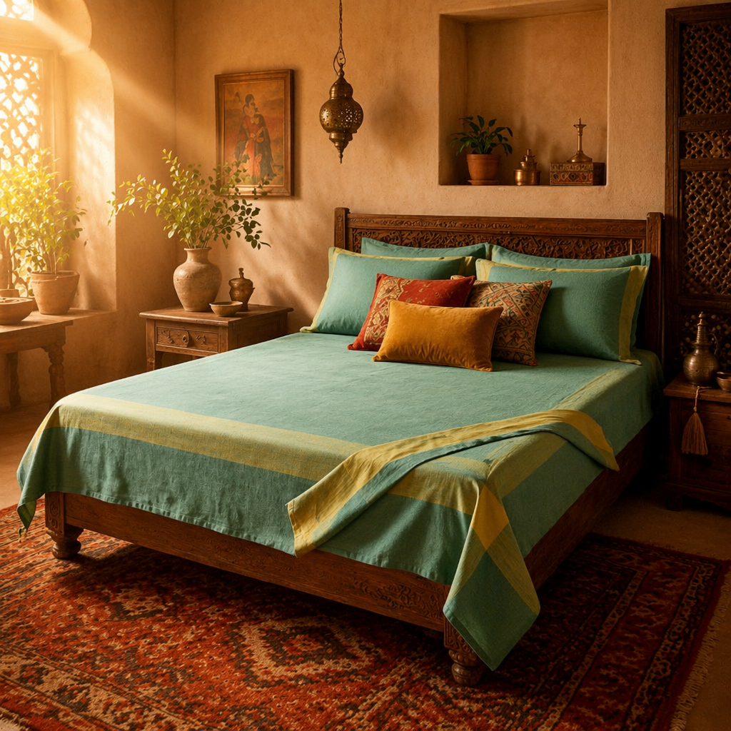 Marigold Teal Handwoven Cotton Bed Cover, The Linen Room. Handmade in India by House of Taraasha.