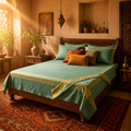 Marigold Teal Handwoven Cotton Bed Cover, The Linen Room. Handmade in India by House of Taraasha.