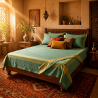 Marigold Teal Handwoven Cotton Bed Cover, The Linen Room. Handmade in India by House of Taraasha.