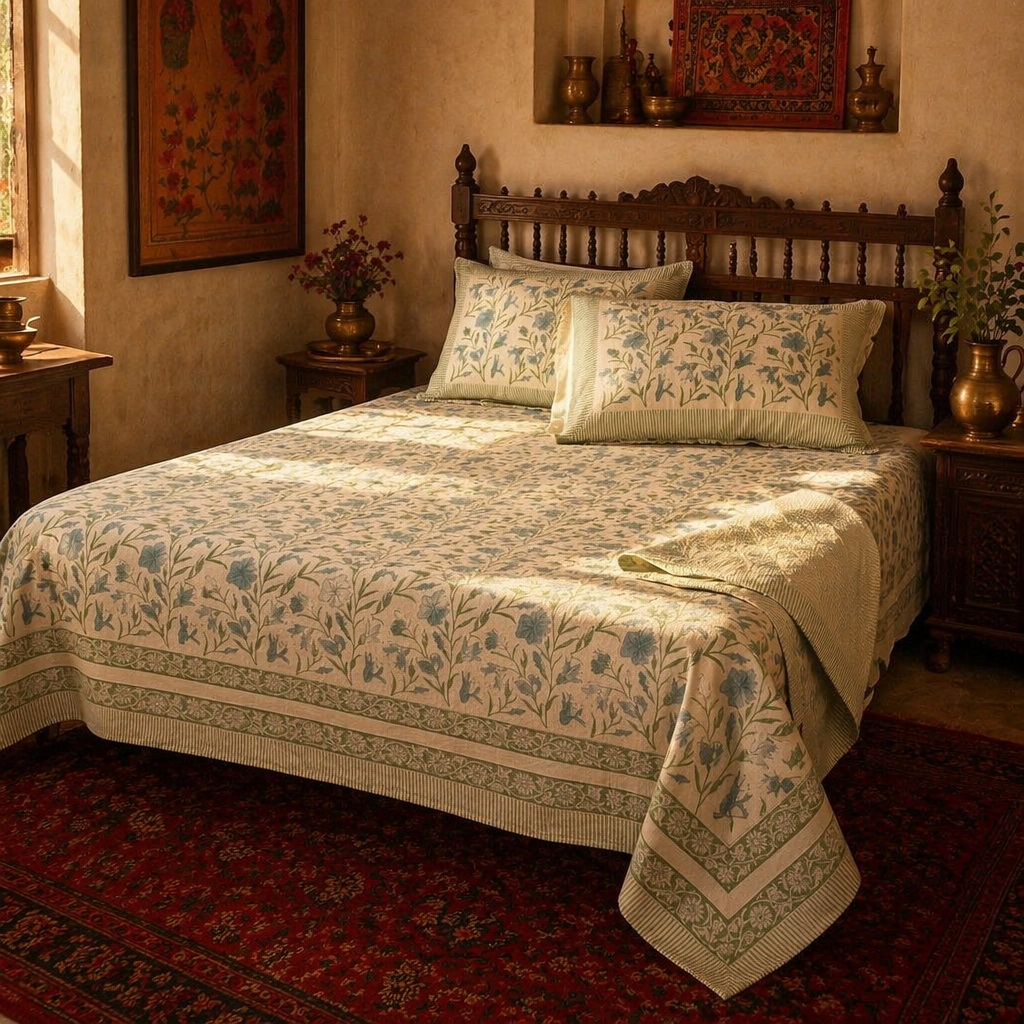 Light Green & White Hand Block-Printed Bedsheet, The Linen Room. Handmade in India by House of Taraasha.