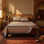 Beige & Maroon Bagru Floral Bedsheet, The Linen Room. Handmade in India by House of Taraasha.
