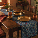 Ajrakh Block-Printed Runner Indigo and Green, The Gathered Table. Handmade in India by House of Taraasha.