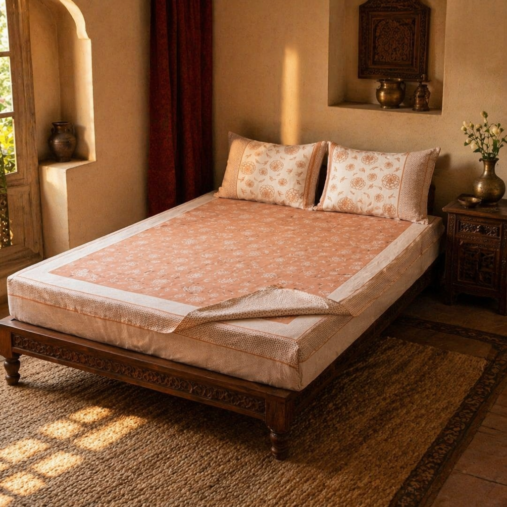 Rust & Off-White Marigold Motif Bedsheet, The Linen Room. Handmade in India by House of Taraasha.