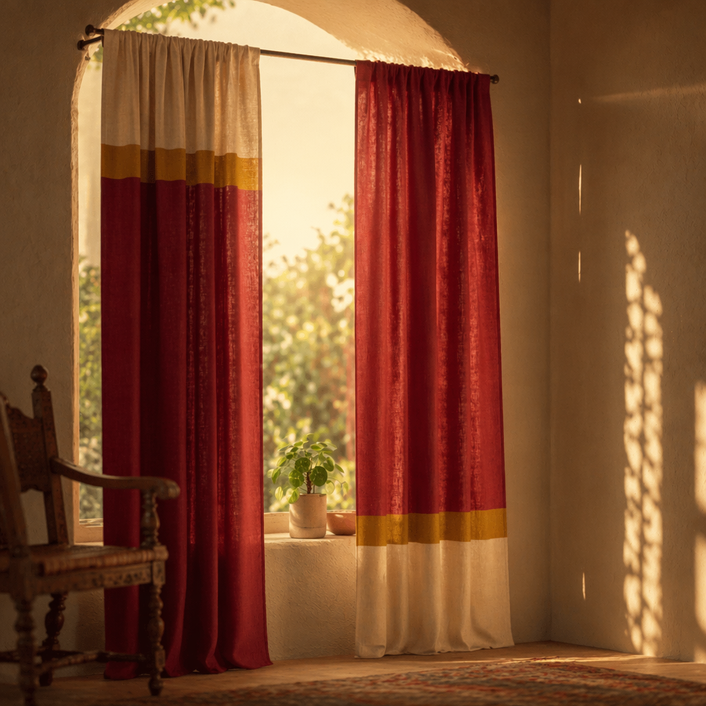 Reversible Maroon and Off-White Door Curtain, The Draped Window. Handmade in India by House of Taraasha.