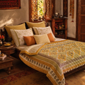 Sage & Mustard Mulmul Quilt, Marigold Motif, The Linen Room. Handmade in India by House of Taraasha.