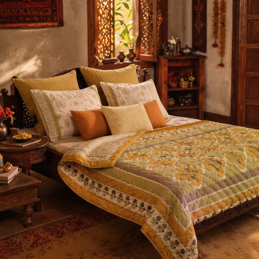 Sage & Mustard Mulmul Quilt, Marigold Motif, The Linen Room. Handmade in India by House of Taraasha.
