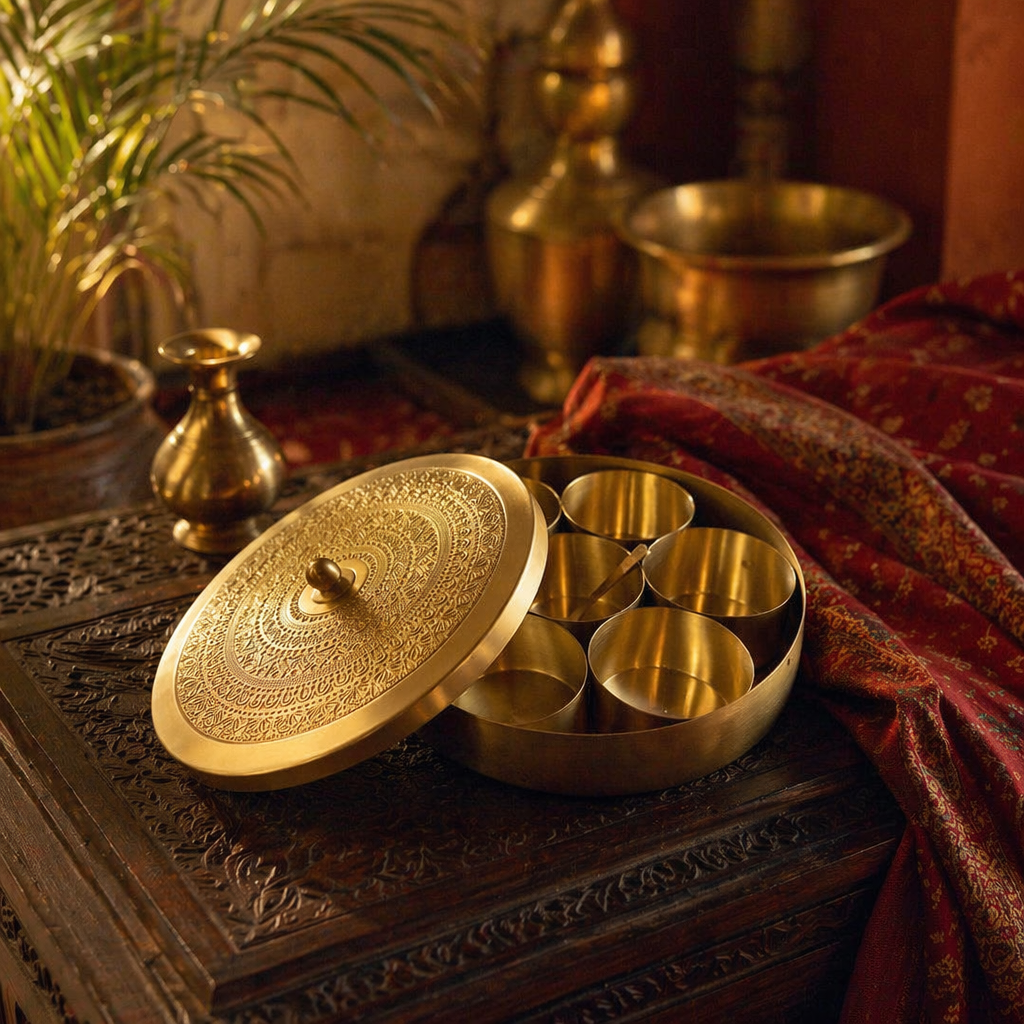 Moradabad Traditional Pure Brass Masala Dabba, The Brass Atelier. Handmade in India by House of Taraasha.