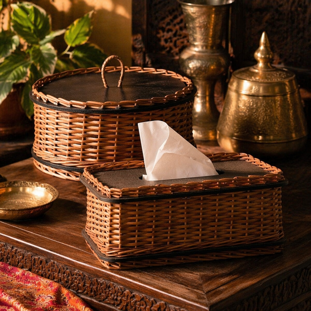 Kashmir Willow Storage Box & Tissue Box, The Wicker House. Handmade in India by House of Taraasha.