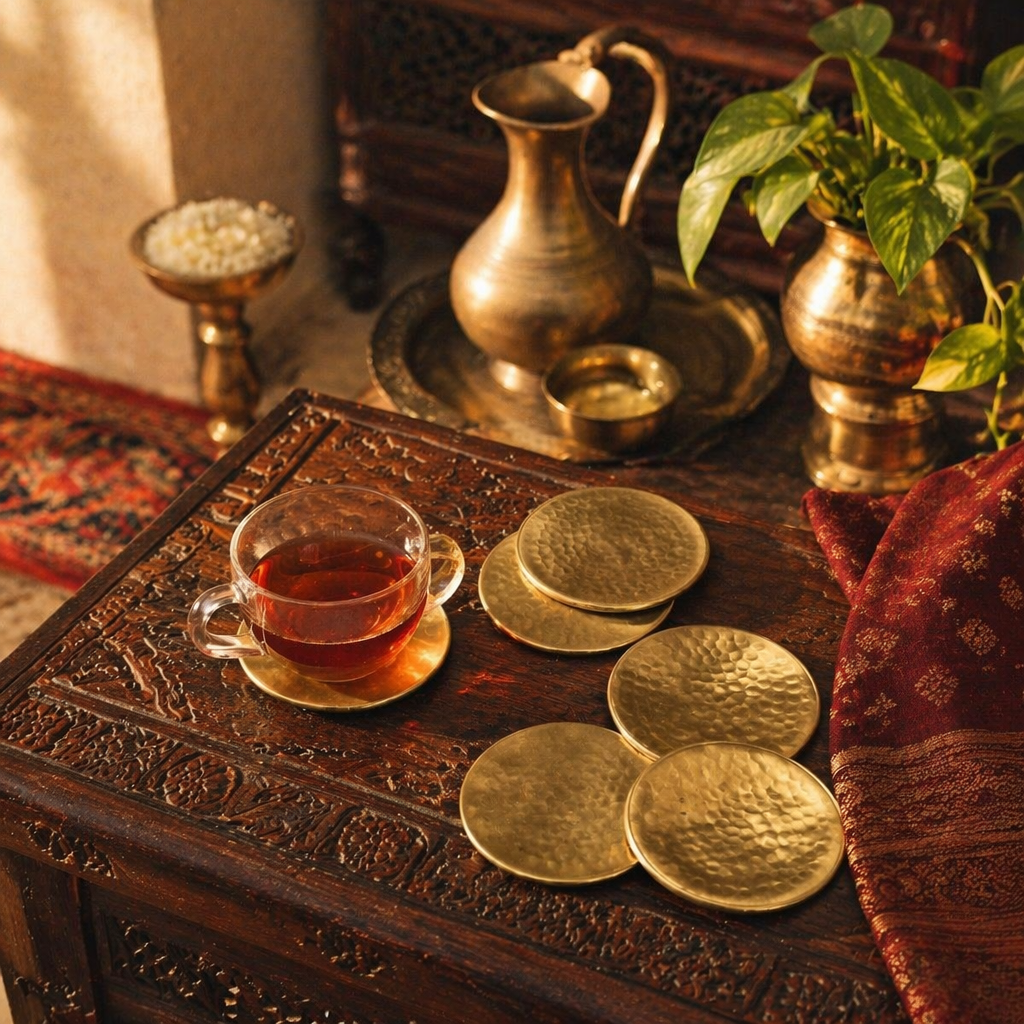 Moradabad Matt Hammered Brass Coasters, The Brass Atelier. Handmade in India by House of Taraasha.
