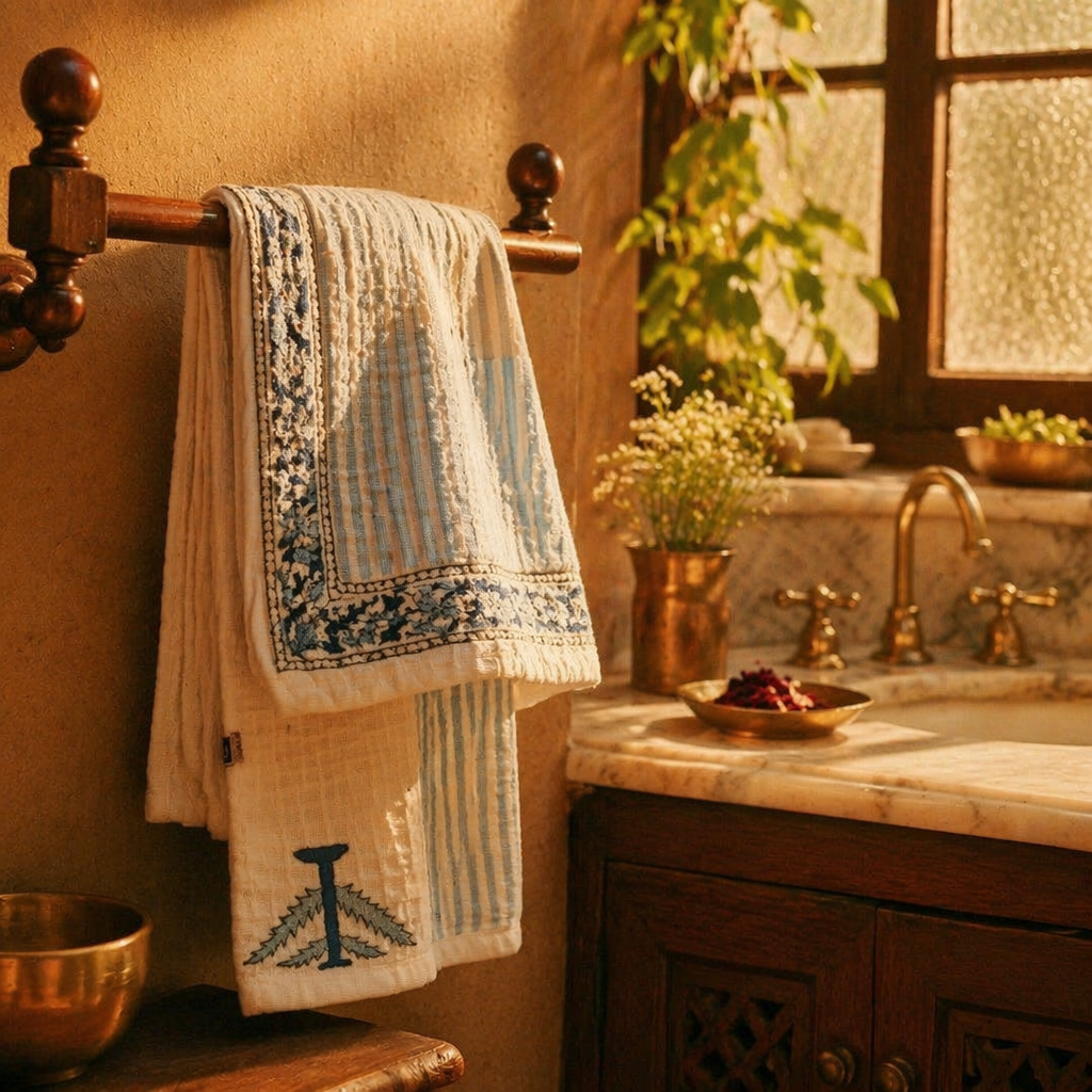 Evergreen Floral White and Blue Block-Printed Towels, The Linen Room. Handmade in India by House of Taraasha.