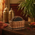 Willow Wicker Coaster Set Kashmir, with Holder, The Brass Atelier. Handmade in India by House of Taraasha.