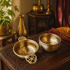 Moradabad Brass Tea Strainer with Rest, The Brass Atelier. Handmade in India by House of Taraasha.