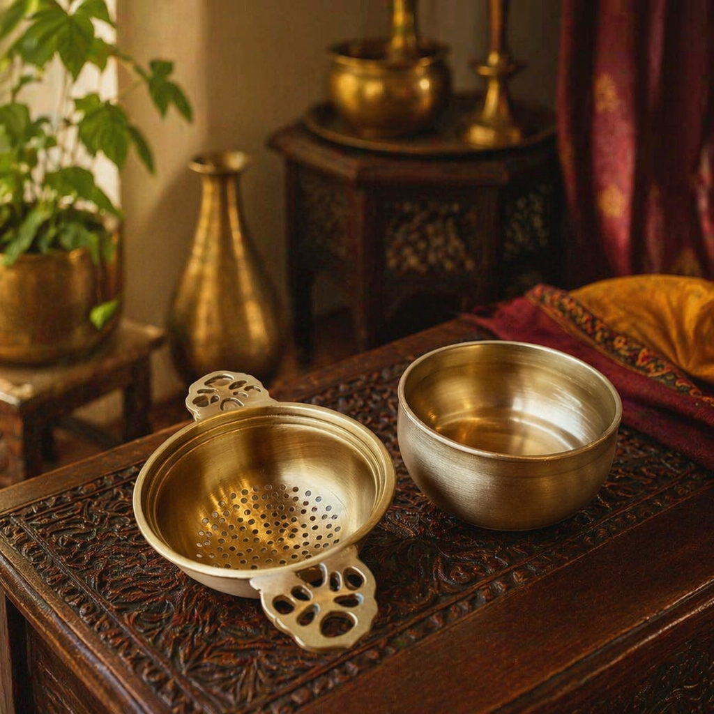Moradabad Brass Tea Strainer with Rest, The Brass Atelier. Handmade in India by House of Taraasha.