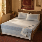 Blue & Grey Bagru Geometric Bedsheet, The Linen Room. Handmade in India by House of Taraasha.