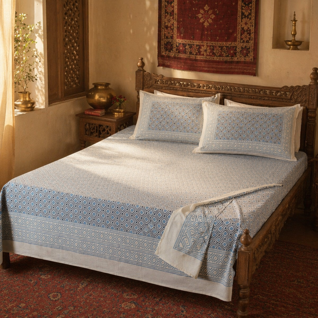 Blue & Grey Bagru Geometric Bedsheet, The Linen Room. Handmade in India by House of Taraasha.