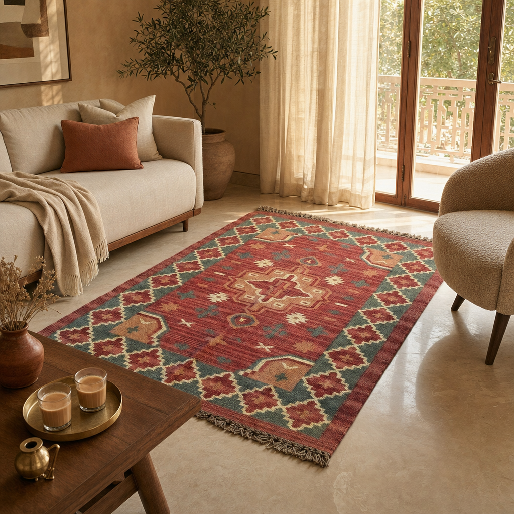 Geometric Rust Punja-Woven Jute and Wool Rug in a modern home
