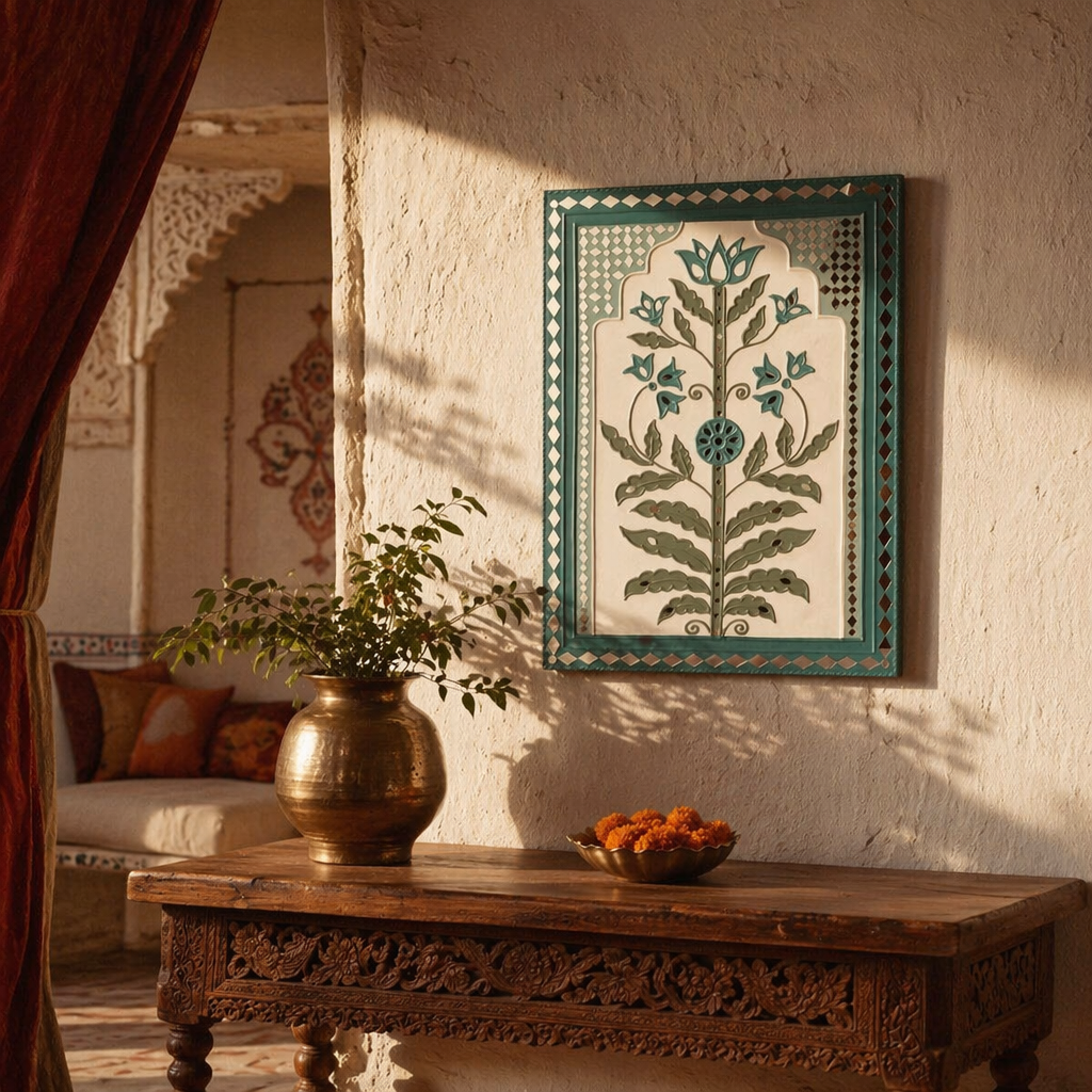 Aqua Blue Lippan Wall Hanging Floral Motif, The Art Wall. Handmade in India by House of Taraasha.