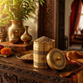 Kanjeevaram Etched Pure Brass Kitchen Storage Jar, The Brass Atelier. Handmade in India by House of Taraasha.