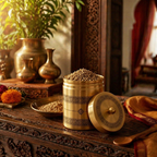 Kanjeevaram Etched Pure Brass Kitchen Storage Jar, The Brass Atelier. Handmade in India by House of Taraasha.
