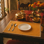 Crochet-Edged Table Mats Mustard and Off-White, The Gathered Table. Handmade in India by House of Taraasha.
