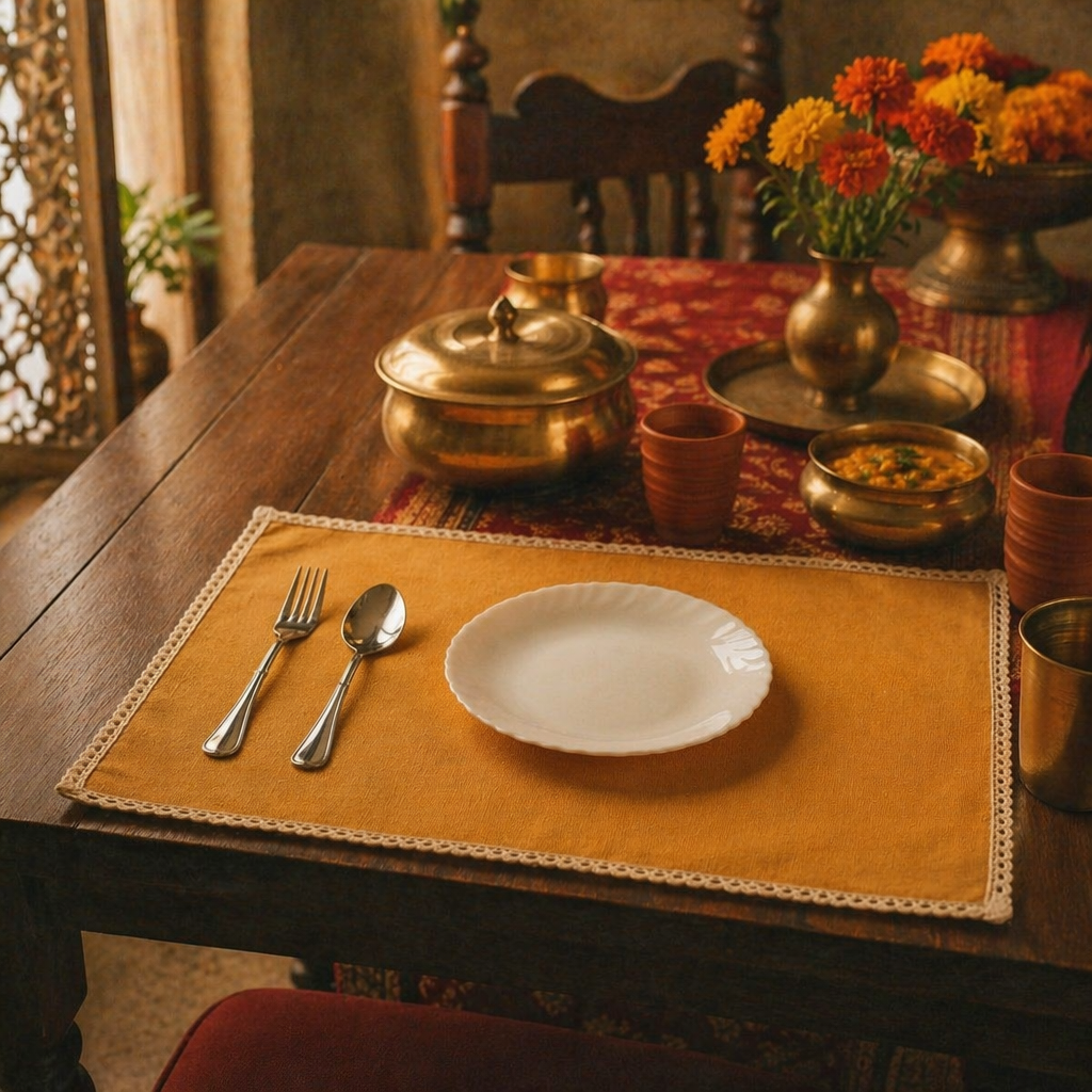 Crochet-Edged Table Mats Mustard and Off-White, The Gathered Table. Handmade in India by House of Taraasha.