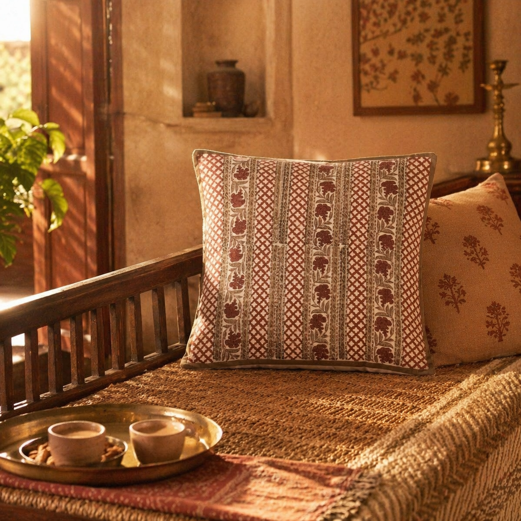 Ivory and Rust Hand Block-Printed Floral Cushion Cover. Handmade in India by House of Taraasha.