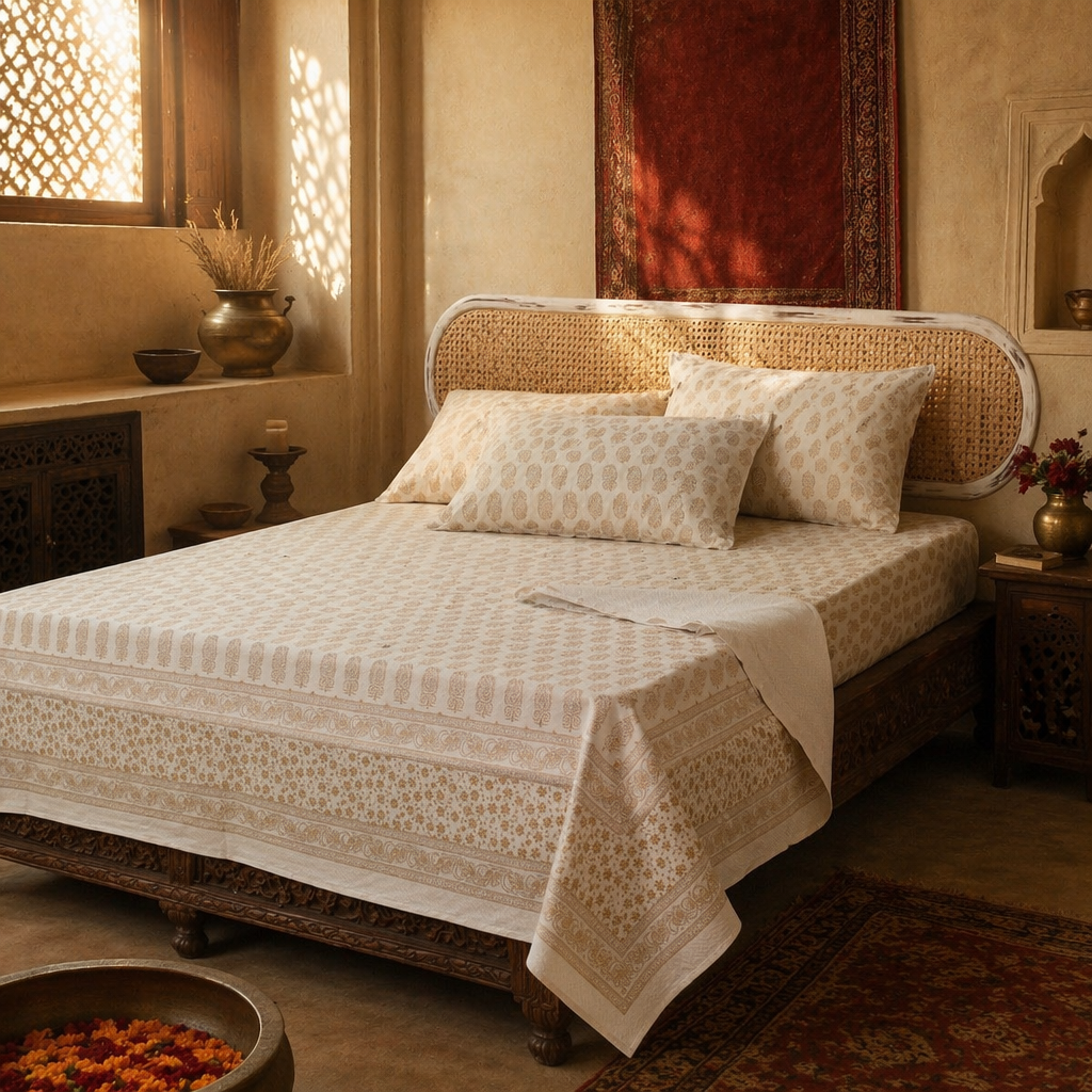 Gold on White Hand-Printed Cotton Bed Cover, The Linen Room. Handmade in India by House of Taraasha.