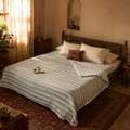 Green Leafy Stripes Reversible Mulmul Quilt, The Linen Room. Handmade in India by House of Taraasha.