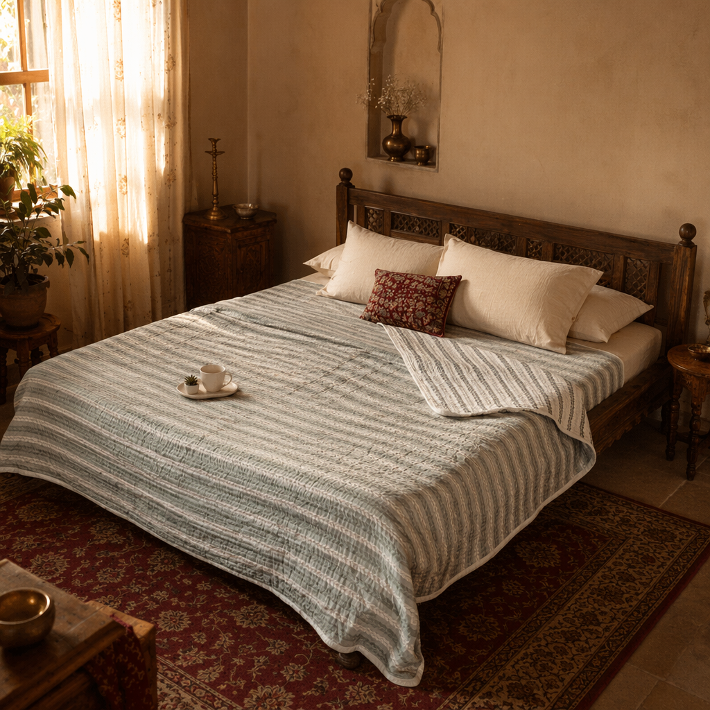 Green Leafy Stripes Reversible Mulmul Quilt, The Linen Room. Handmade in India by House of Taraasha.
