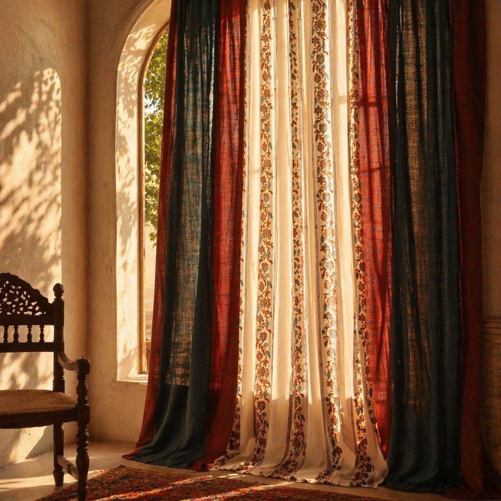 Chintz Assorted Set Off-White, Navy and Brick Red Cotton Curtains, The Draped Window. Handmade in India by House of Taraasha.