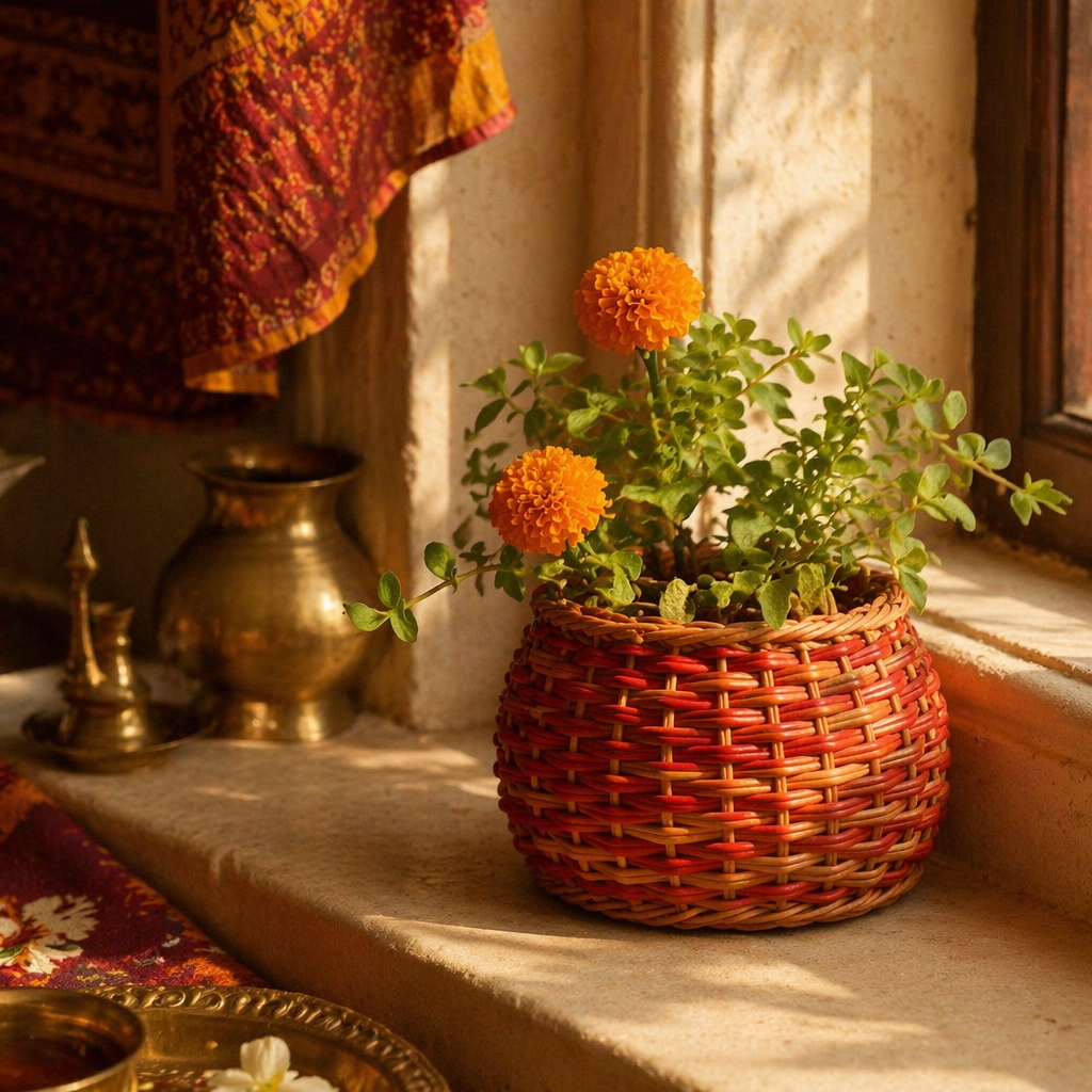 Willow Wicker Planter Trio Rust and Natural Brown, The Art Wall. Handmade in India by House of Taraasha.