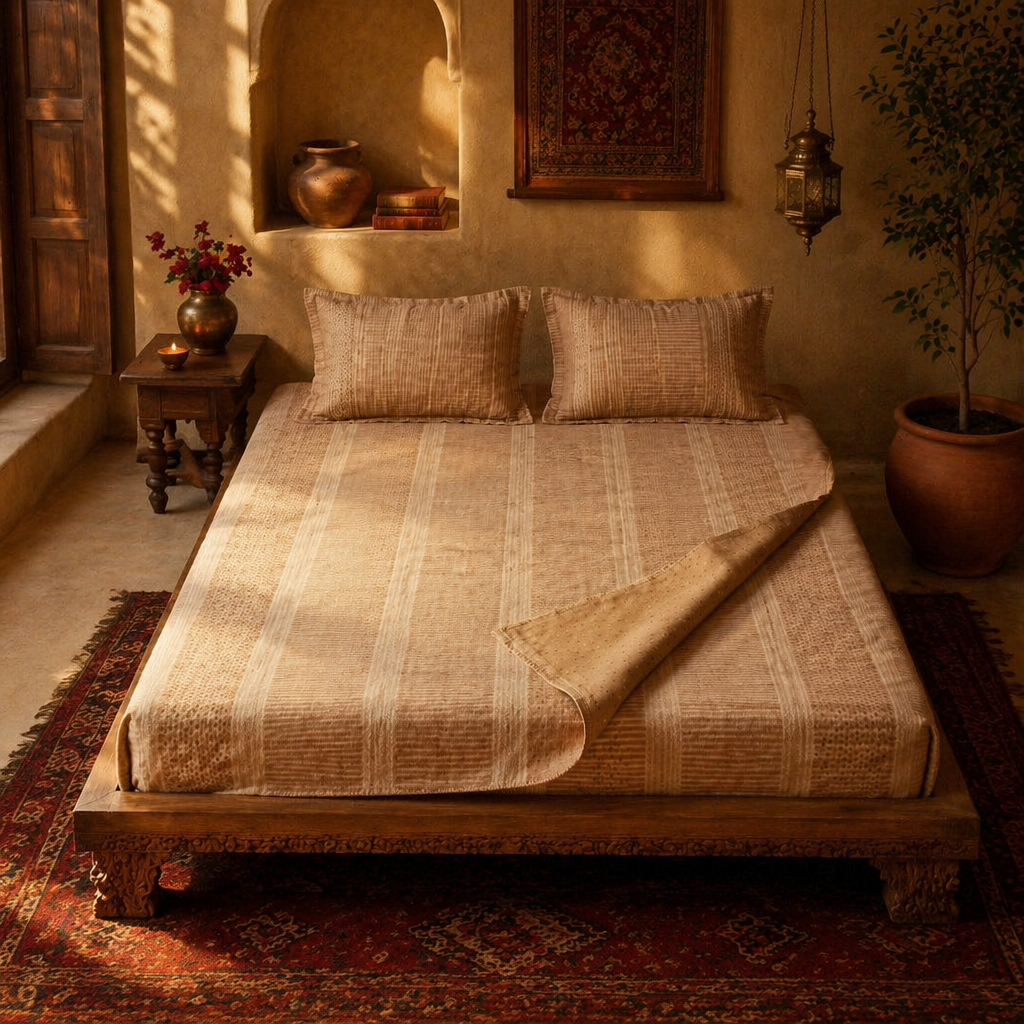 Taupe & Wine Textured Sanganer Bedsheet, The Linen Room. Handmade in India by House of Taraasha.