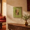 Lime Green Lippan Mirror Kutch Clay and Glass, The Art Wall. Handmade in India by House of Taraasha.