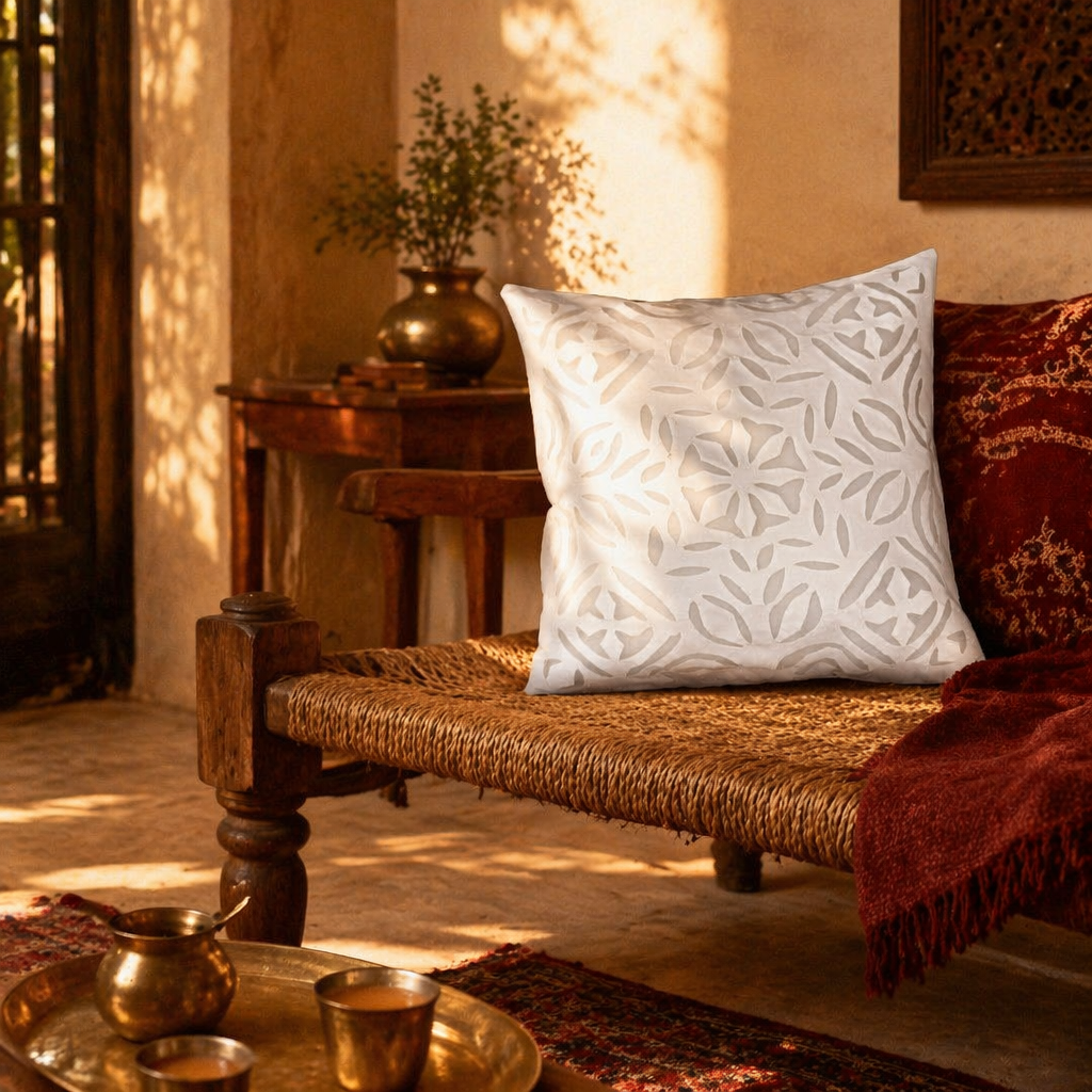 Gudri Cutwork Off-White Cotton Cushion Cover, The Living Room. Handmade in India by House of Taraasha.