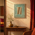 Turquoise Lippan Mirror Kutch Mud and Glass, The Art Wall. Handmade in India by House of Taraasha.