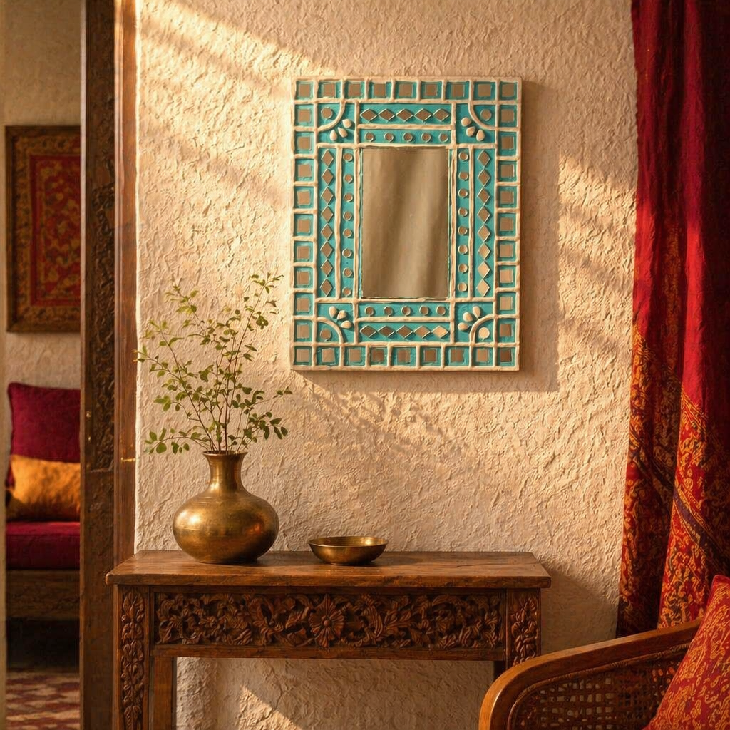 Turquoise Lippan Mirror Kutch Mud and Glass, The Art Wall. Handmade in India by House of Taraasha.