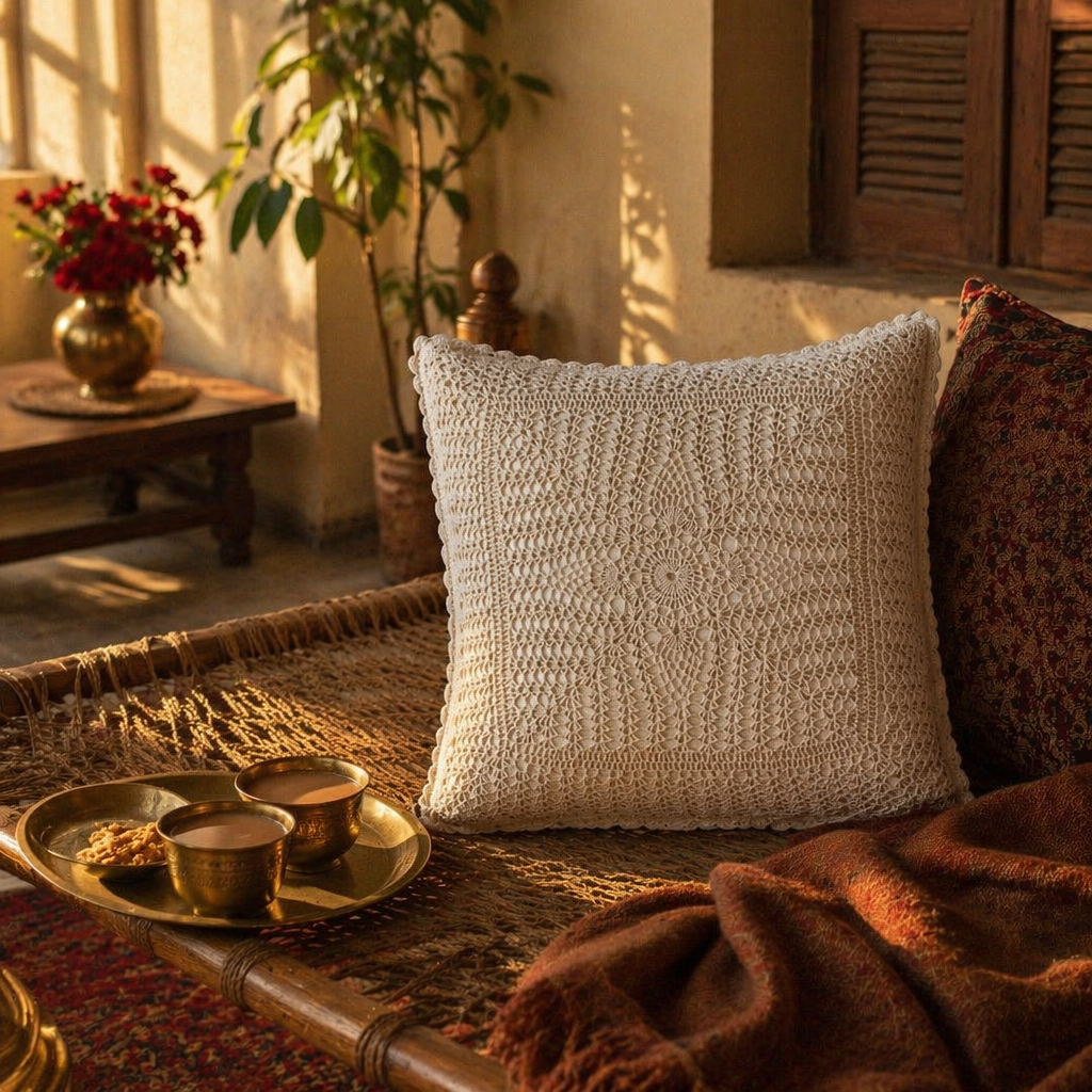 White Floret Handmade Crochet Cushion Cover, The Living Room. Handmade in India by House of Taraasha.