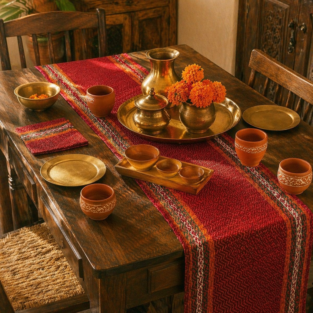 Madur Beige Handwoven Grass Table Runner, The Gathered Table. Handmade in India by House of Taraasha.