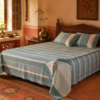 Marigold Teal and Off-White Block-Printed Bedsheet, The Linen Room. Handmade in India by House of Taraasha.