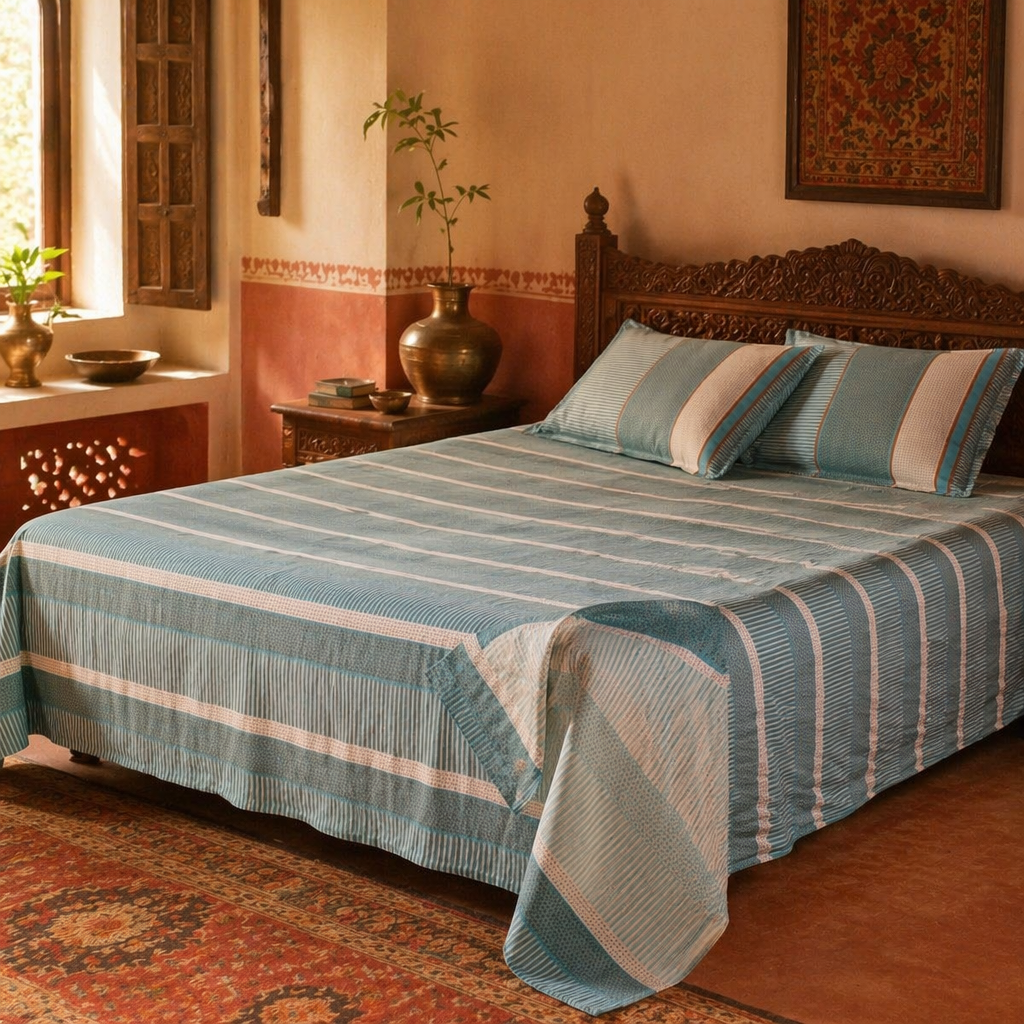 Marigold Teal and Off-White Block-Printed Bedsheet, The Linen Room. Handmade in India by House of Taraasha.
