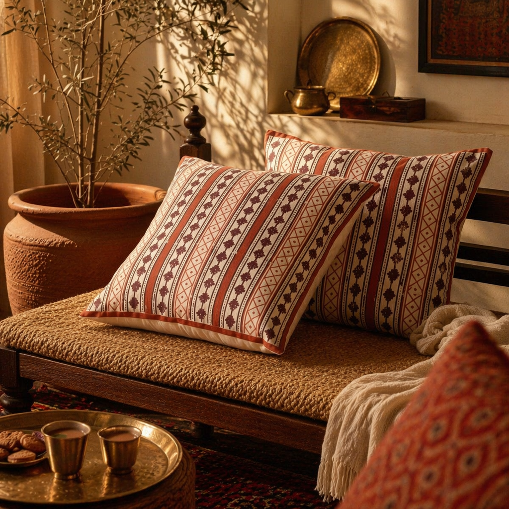 Maroon & Black Hand Block-Printed Cotton Cushion Cover, The Living Room. Handmade in India by House of Taraasha.