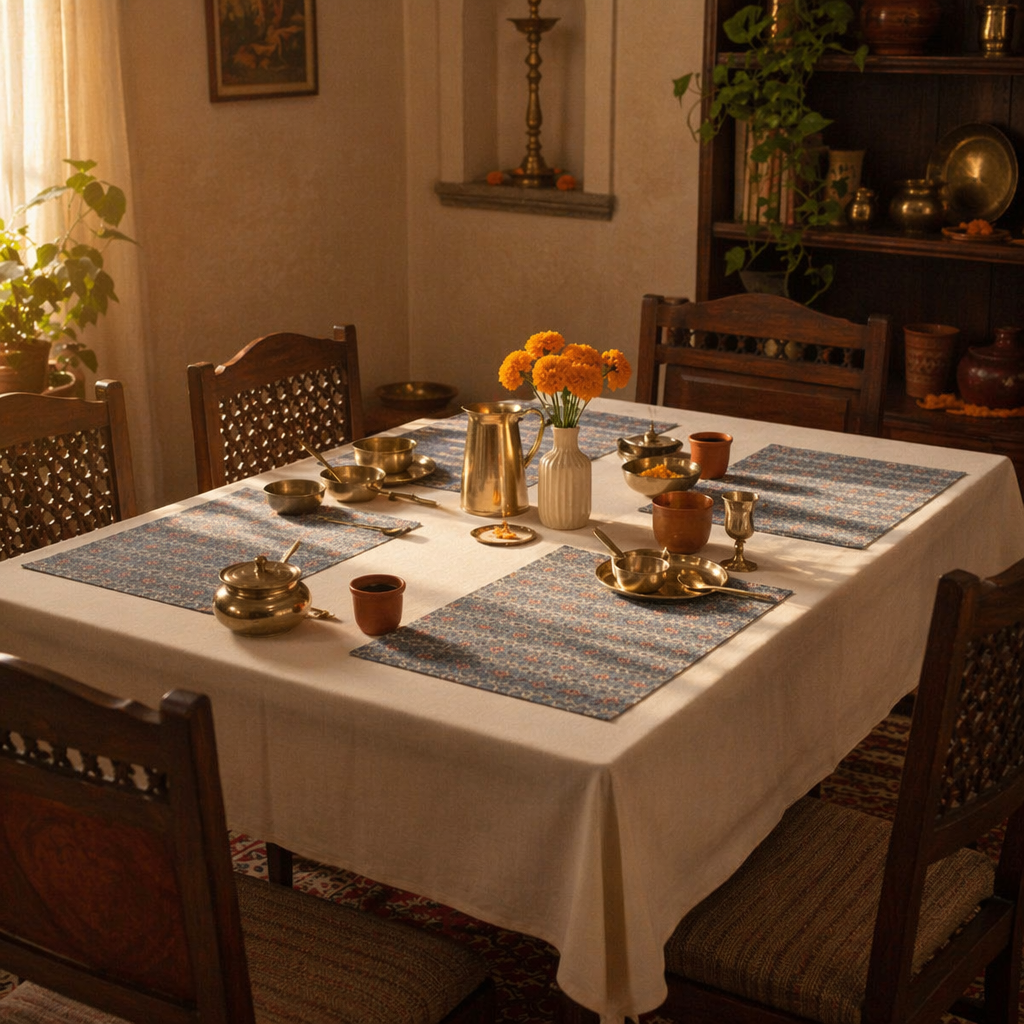 Blue & Dusty Pink Floral Cotton Table Mat, The Gathered Table. Handmade in India by House of Taraasha.